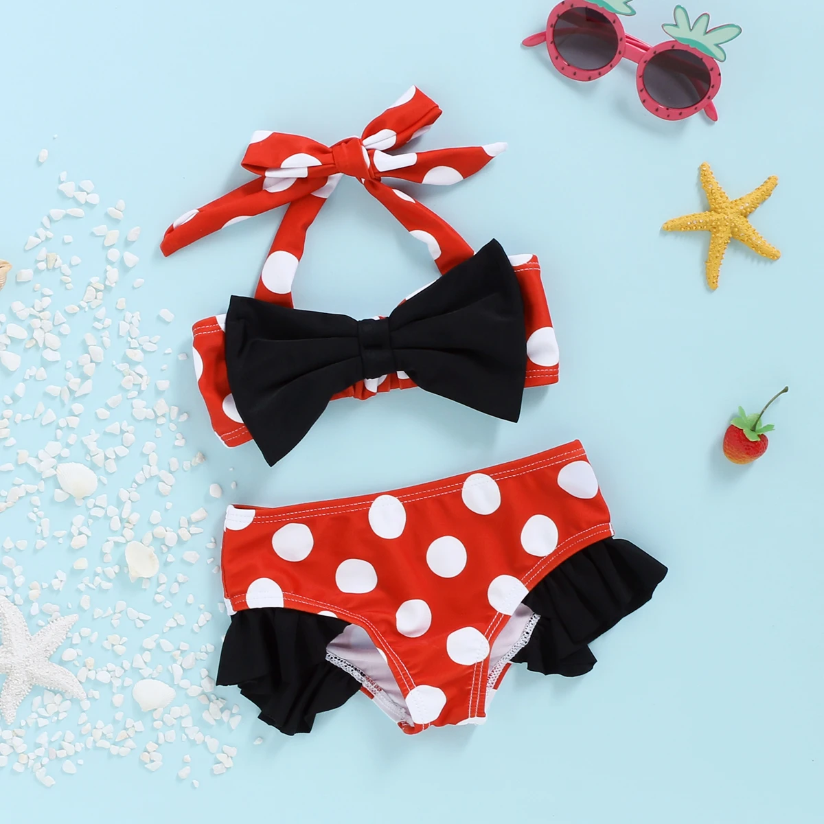 Купальник для девочек красный в горошек из двух частей с бантом и рюшами пляжная