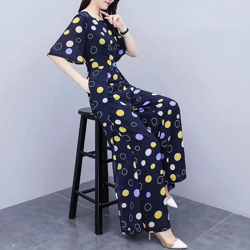 

Summer 2021 Chiffon Polka Dot Casual Fashion Jumpsuit Womens High Waist Wide Leg Trousers Rompers Party Outfits for Women Y440