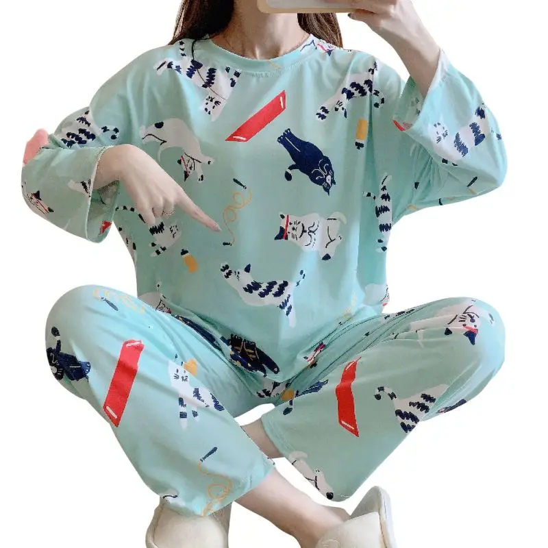 

Женская домашняя одежда с длинным рукавом, пуловер, топ, комплект из двух предметов, Женская Хлопковая пижама, женская осенняя одежда для сн...
