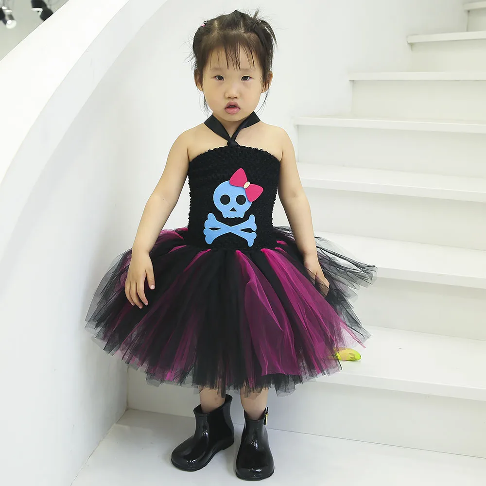 Платье-пачка для девочек Черное и ярко-розовое с изображением черепа | Детская