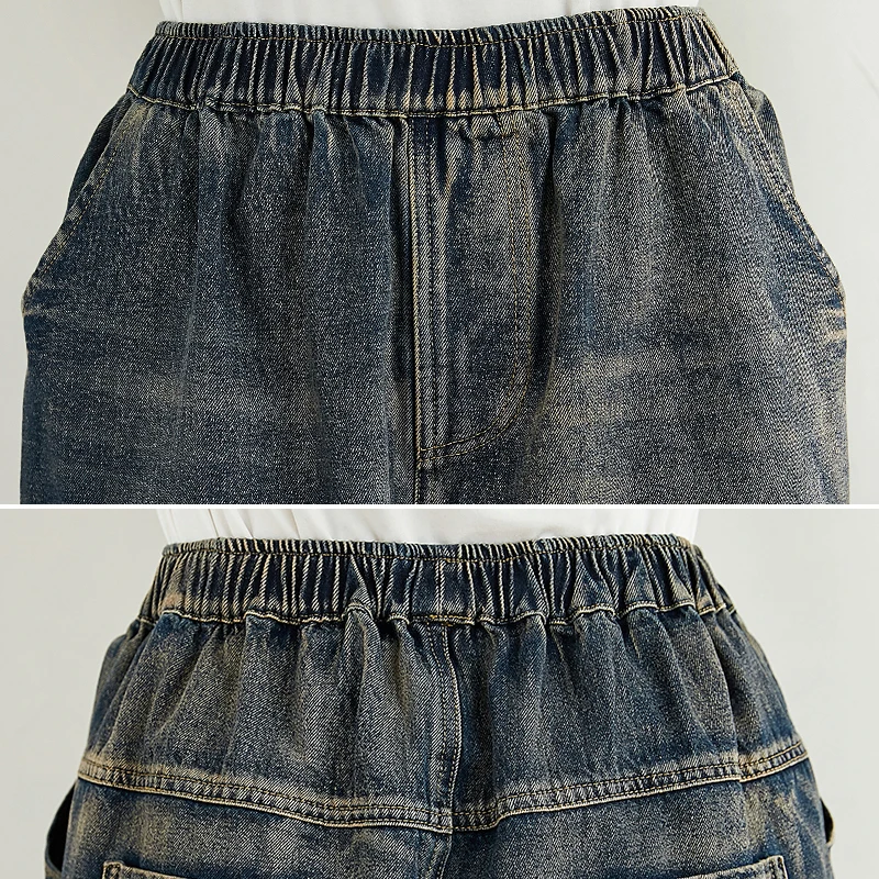 Женские джинсовые шаровары с эластичной резинкой на талии и вышивкой в стиле