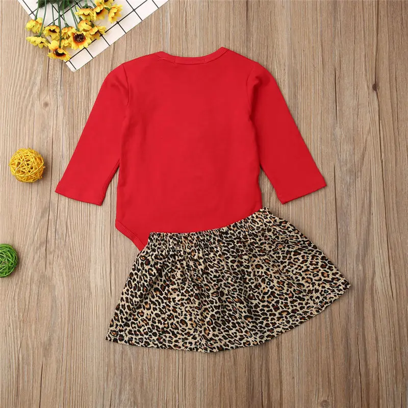Christmas Reindeer Outfit Baby Girls Clothes Set Infant Long Sleeve Clothing Cotton Bodysuit+Leopard Skirt Newborn Toddler Kids | Детская