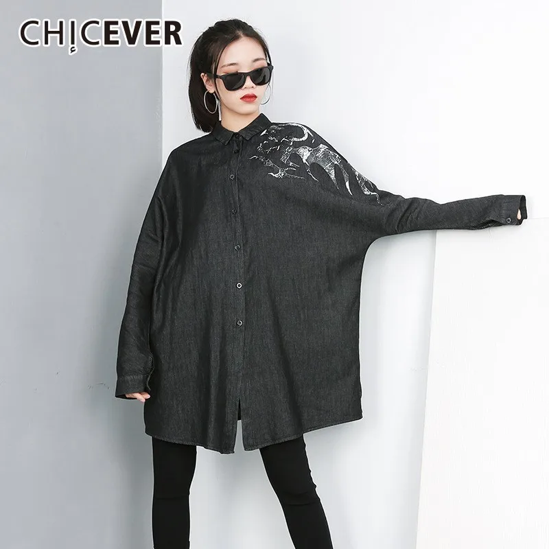 Женская рубашка с отложным воротником CHICEVER черная Свободная блузка большого