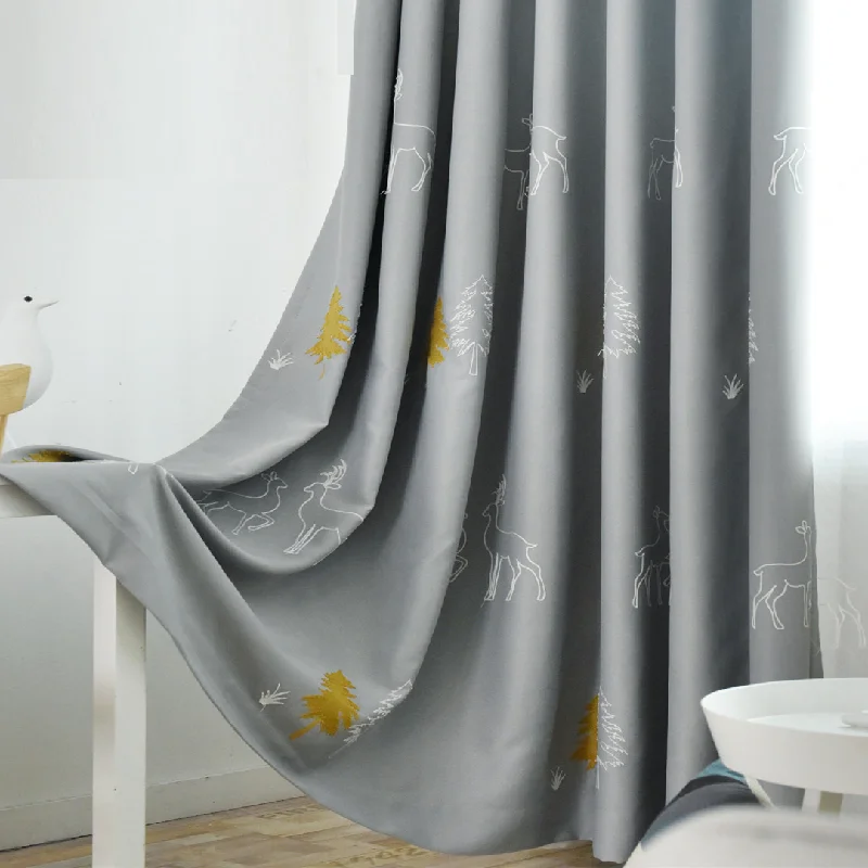 

Custom The Nordic curtains for Living Room Bedroom Pastoral Embroidery Forest Fawn Full Light-Shielding curtains General Pleat