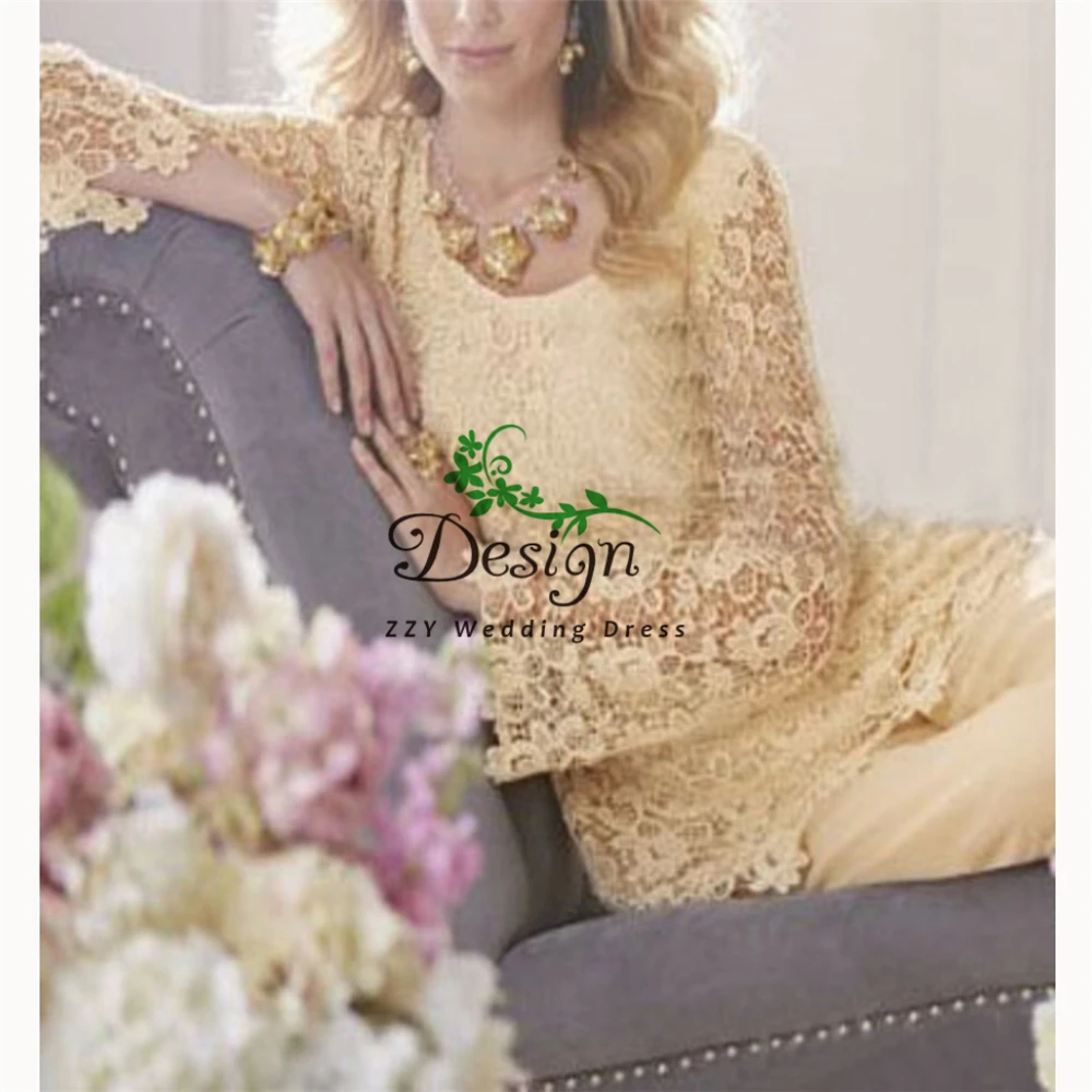 

Gold Long Sleeves Wide-Waisted Lace Custom-Made Women's Dresses Cap Sleeves Mother Of The Bride Dresses For Weddings