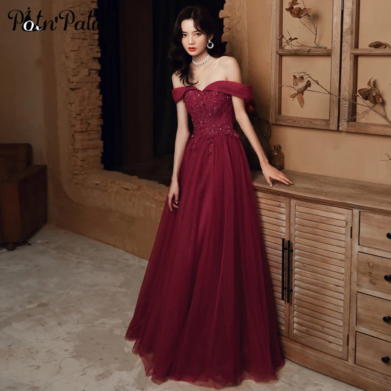 Женское вечернее платье с вырезом лодочкой винно красное трапеция до пола