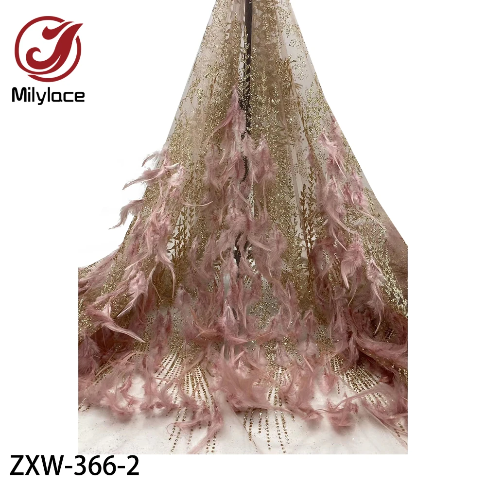 Тюлевая кружевная ткань с вышитыми перьями блестками и камнями Легкая сетчатая