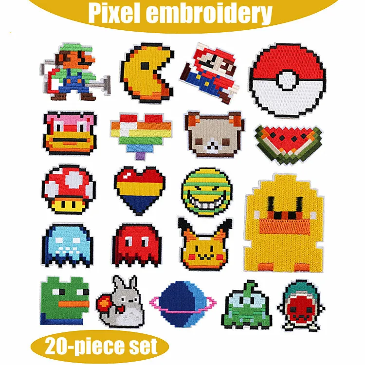 

20pcs Japanese Anime Embroidery Cloth Stickers Cartoon Patch Mario Smiley Pixel Wind Embroidery Badge Mixed Patch