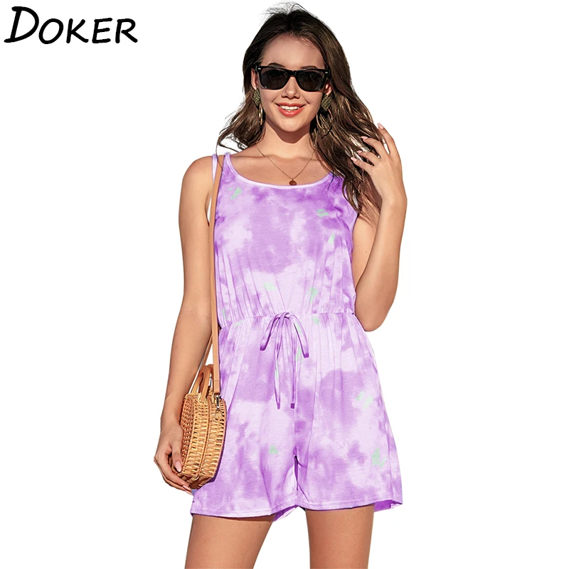 

Tie Dye Bandage Sleeveless Short Women Jumpsuits Casual Sexy Occident Beach Party Female High Waist Rompers