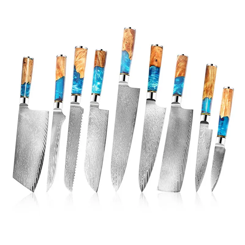 Набор кухонных ножей острый нож шеф повара из дамасской стали с синей смолой и