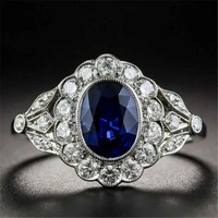 vintage oval cut blue zircon flower ring womens luxury wedding engagement band jewelry size 6 10