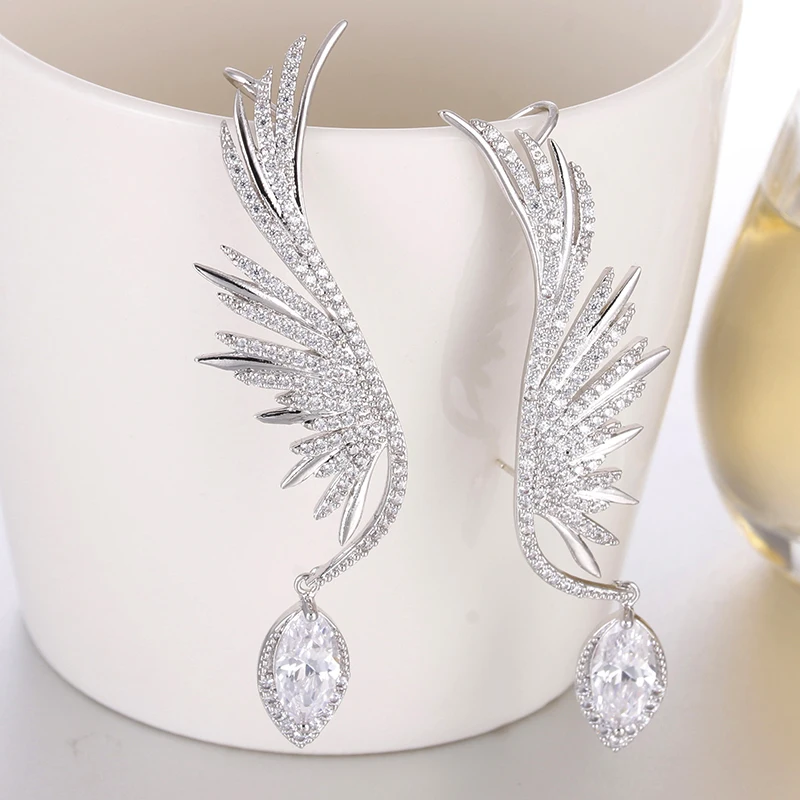 Luxury Feather CZ Stone Ear Cuff Hang Water Drop Big Clip Earrings for Women Party Green Earcuff kupe Club Factory AE530 images - 6