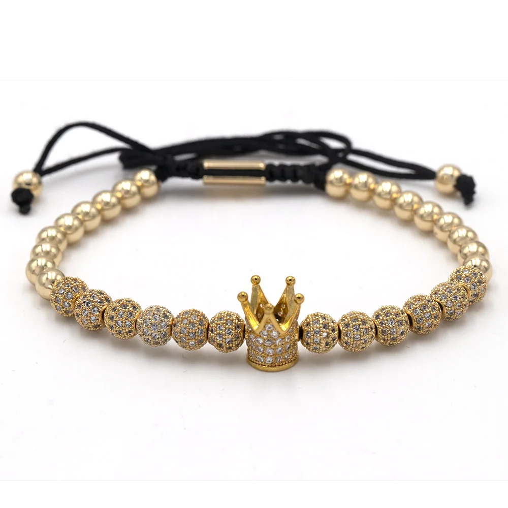 6mm CZ ball gold Мода роскошный Римский Королевский браслет с шармом с короной для мужчин Золотой Плетеный Регулируемый мужской браслет для хип хоп ювелирный подарок - Metal Color: 6mm CZ ball gold