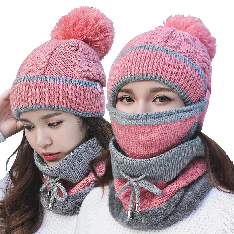 

Women's hats, bibs, masks, autumn and winter, Korean knitting and velvet, thickening, warm cycling, ear protection wool hat