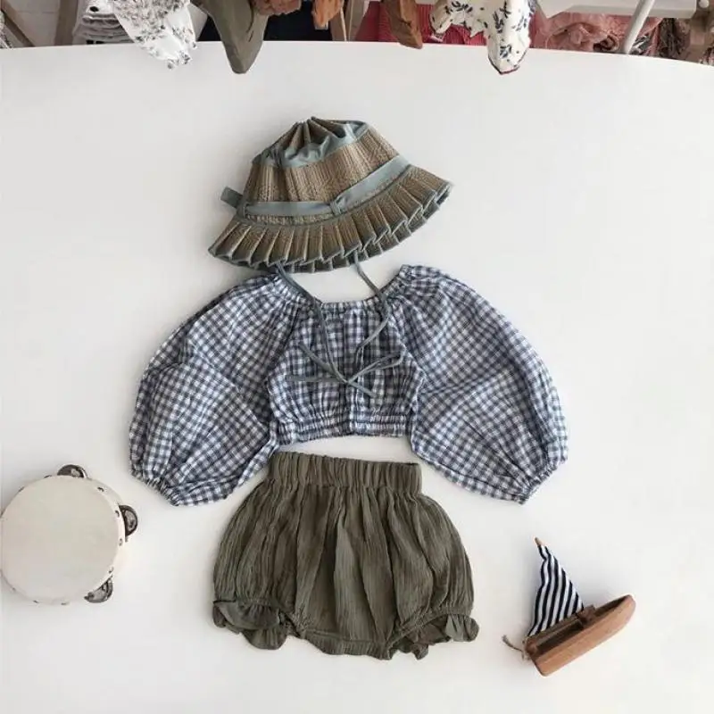 

2pcs Baby Girl Clothes Set Spring Summer New Girls Puff Sleeve Plaid Cotton Blouse Solid Shorts Kids Girls Clothes Outfits Set