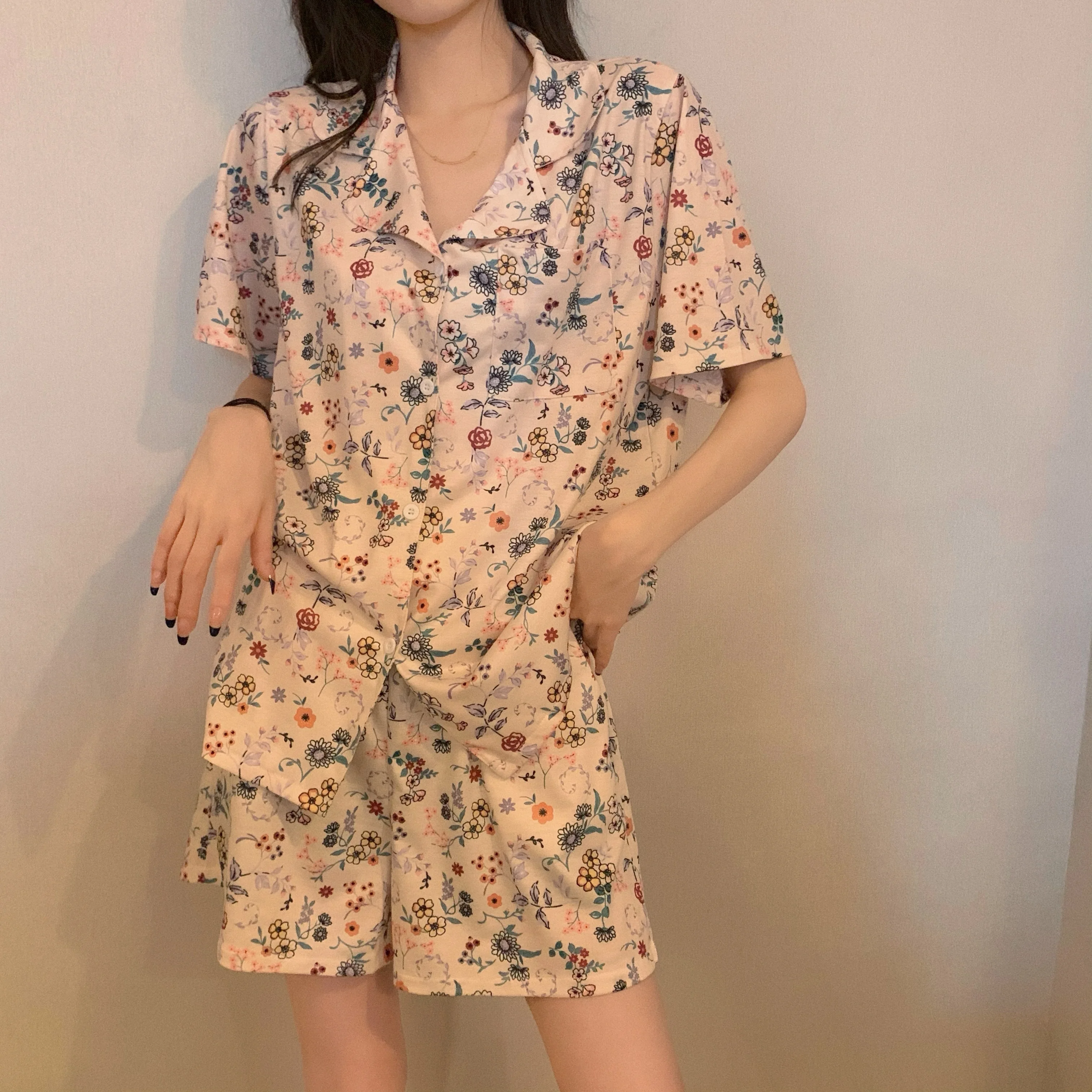 

vintage floral print pajama set women loungewear summer short sleeve blouse shorts 2 piece set homewear girls sleepwear Y812