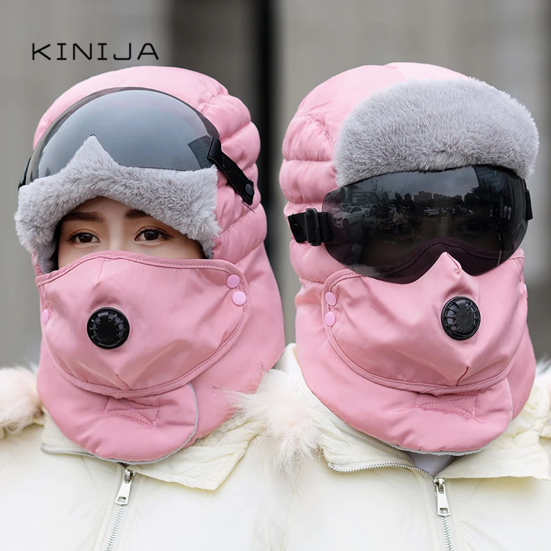 Winter women ski wind protection bomber hat face neck cold Mask Headgear male Outdoor warm ushanka hat with Lens men soviet hat