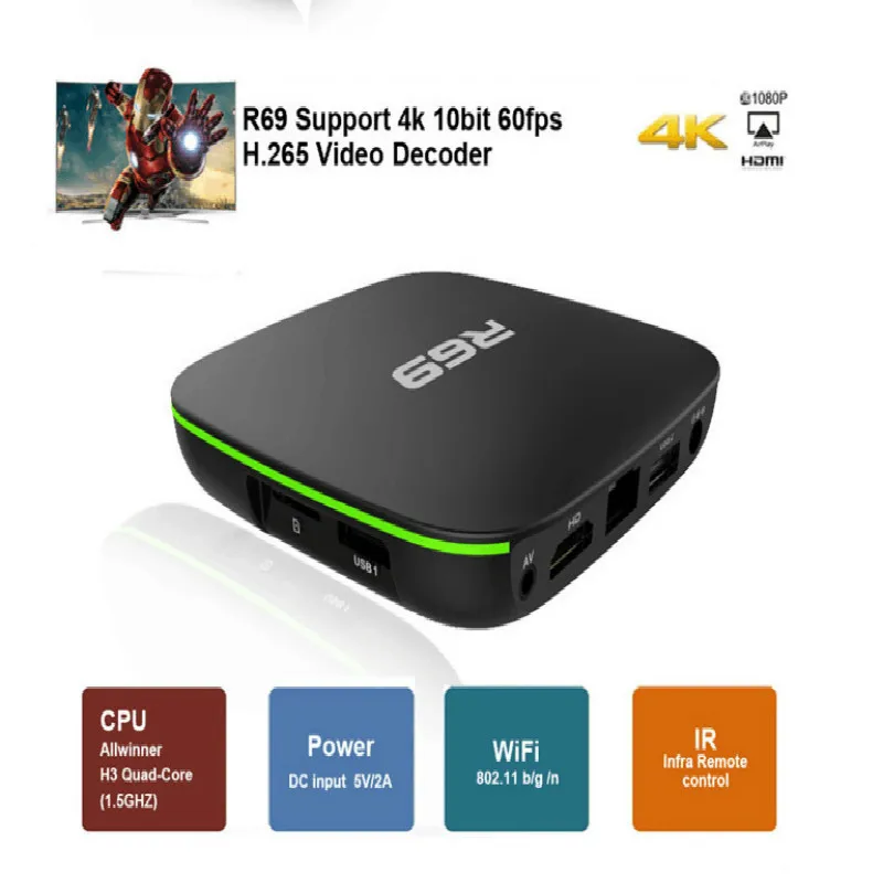 

R69 Smart Android 7.1 TV Box 1GB 8GB Allwinner H3 Quad-Core 2.4G Wifi Set Top Box 1080P HD Support 3D movie Media player