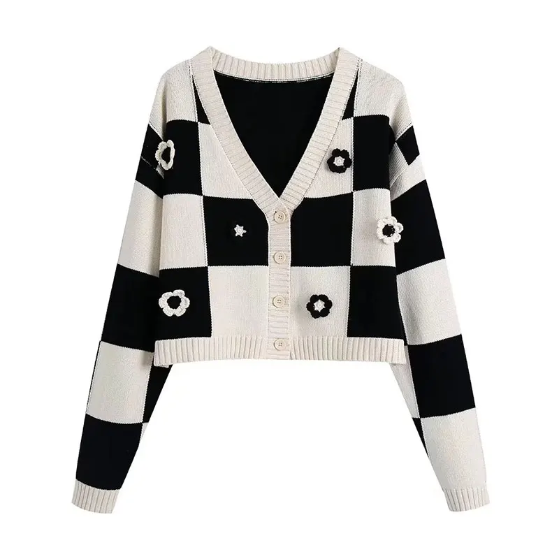

Женский кардиган Nlzgmsj ZBZA 2022, Женская Весенняя уличная одежда в стиле пэчворк, вязаные свитера в клетку с V-образным вырезом, свободные шикарн...