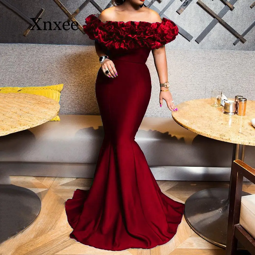 

Red Women Long Mermaid Sexy Slash Neck Dinner Party Dresses Robe African Prom Elegant Long Femme Vestiods Dresses Trumpets blue