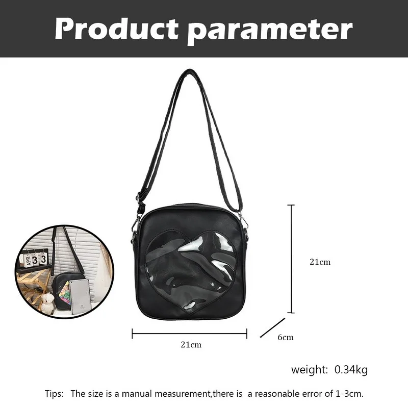 

Girls Cute PU Square Bag Love Transparent Shoulder Bag Kawaii Doll Pendant Shoulder Bag Japanes Lolita JK Bags For Women