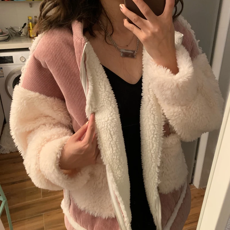 

Sweet Cute Kawaii Coat Girl Winter Thicken Warm Corduroy Composite Lamb Wool Coat Women Korea Pink Zipper Outerwear Send Scarf