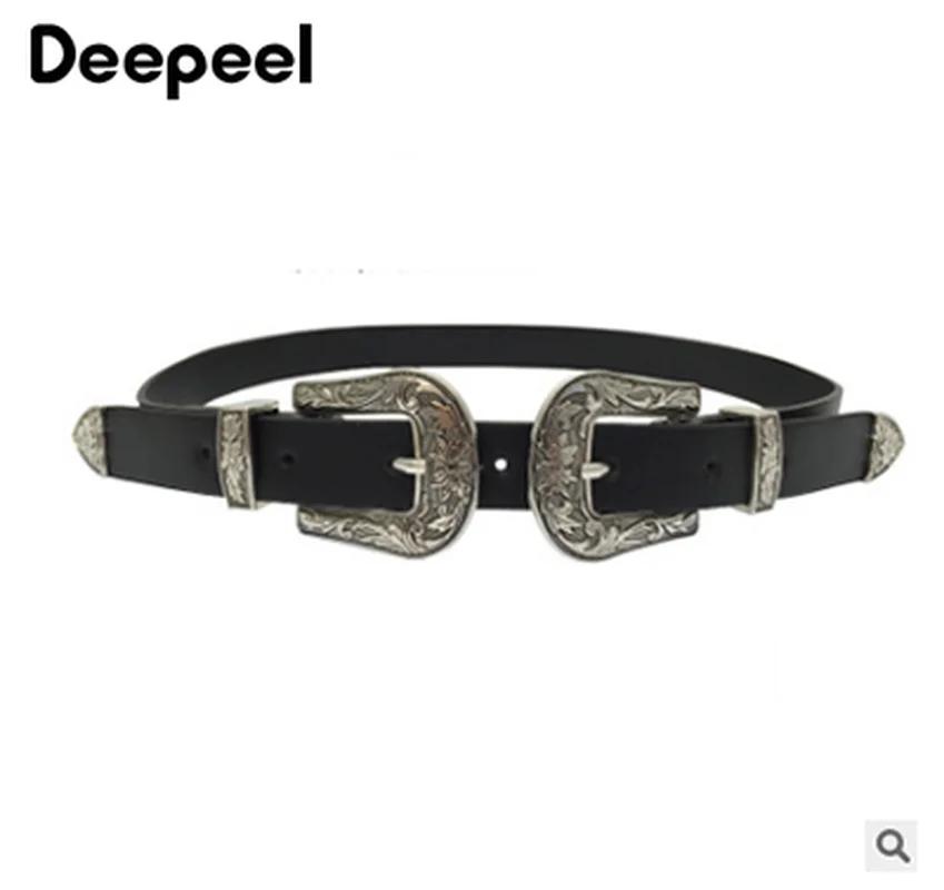 Deepeel 1pc Vogue Double Buckle Head Retro Belts for Women Wild Decorative Dress Jeans PU Waistband Luxury Women's Belt YB077 |