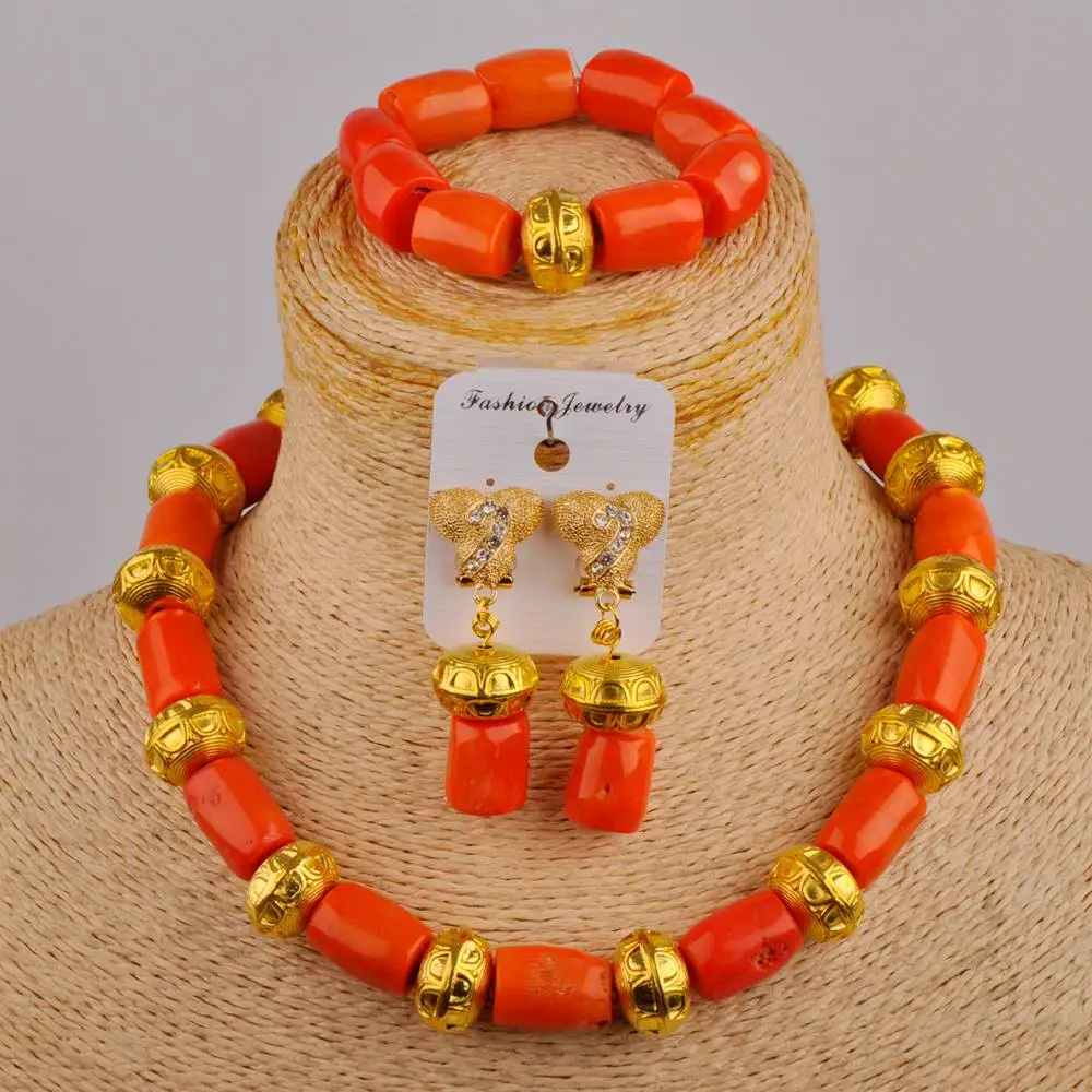 Женский комплект ювелирных изделий из оранжевых коралловых бусин в нигерийском