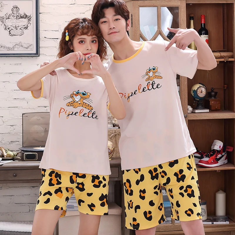 Пуловер с короткими рукавами штаны пижама 6535 хлопок летние пижамы для пар