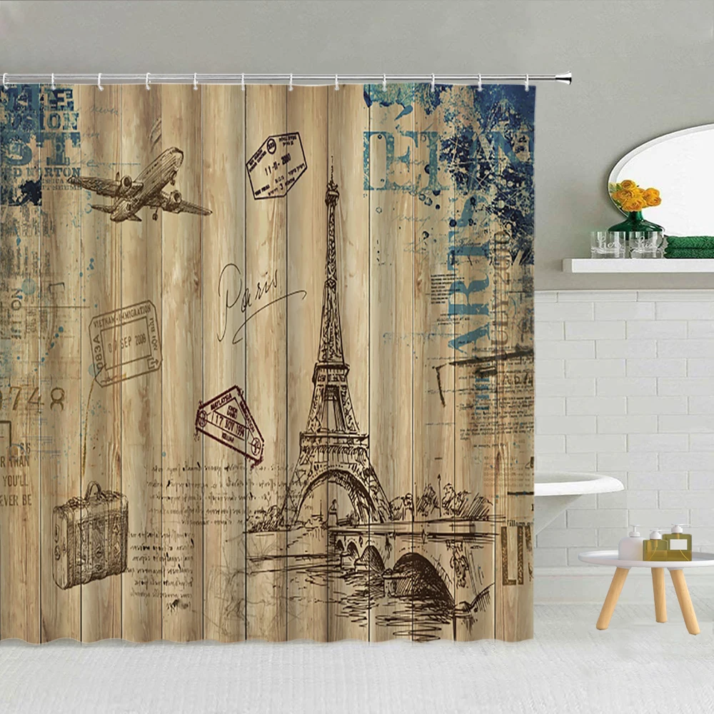 

Retro Paris Tower Landscape Flower Butterfly Shower Curtain Fabric Bathroom Decor Supplies High Quality With Hook Cloth Curtains