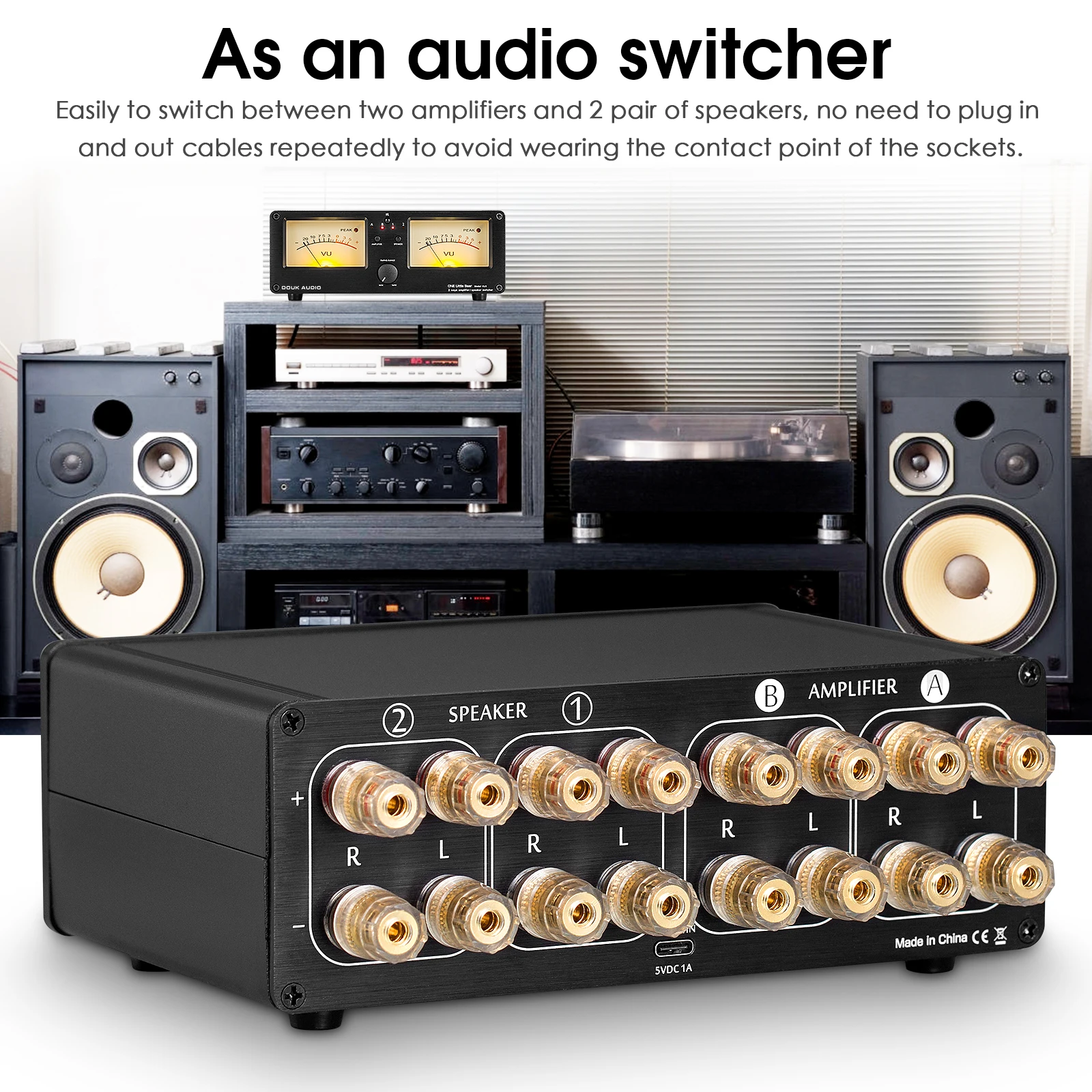Douk Audio Dual Analog VU Meter Sound Level DB Panel Display 2-way Amplifier / Speaker Switcher Box Selector W/ Remote Control |