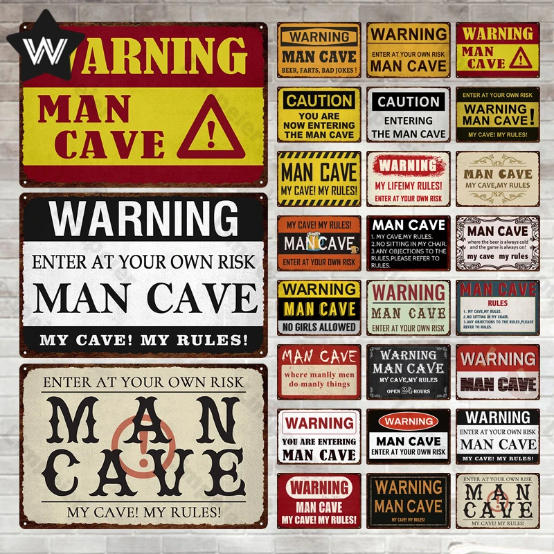 

Man Cave Warning Metal Sign My Rules Caution Tinplate Metal Plaque Vintage Style Wall Stickers Tin Poster for Bar Pub Club Decor