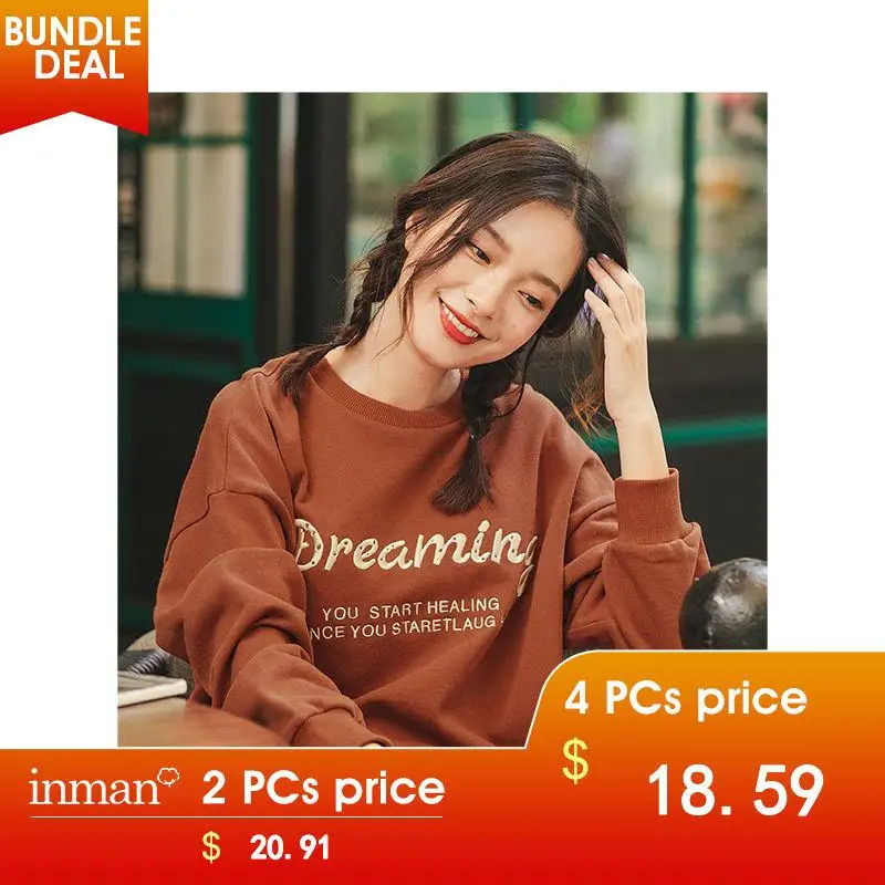 INMAN Winter New Arrival Literary 100%Cotton O-neck Personality Drop-shoulder SLeeve Loose Women Sweatshirts