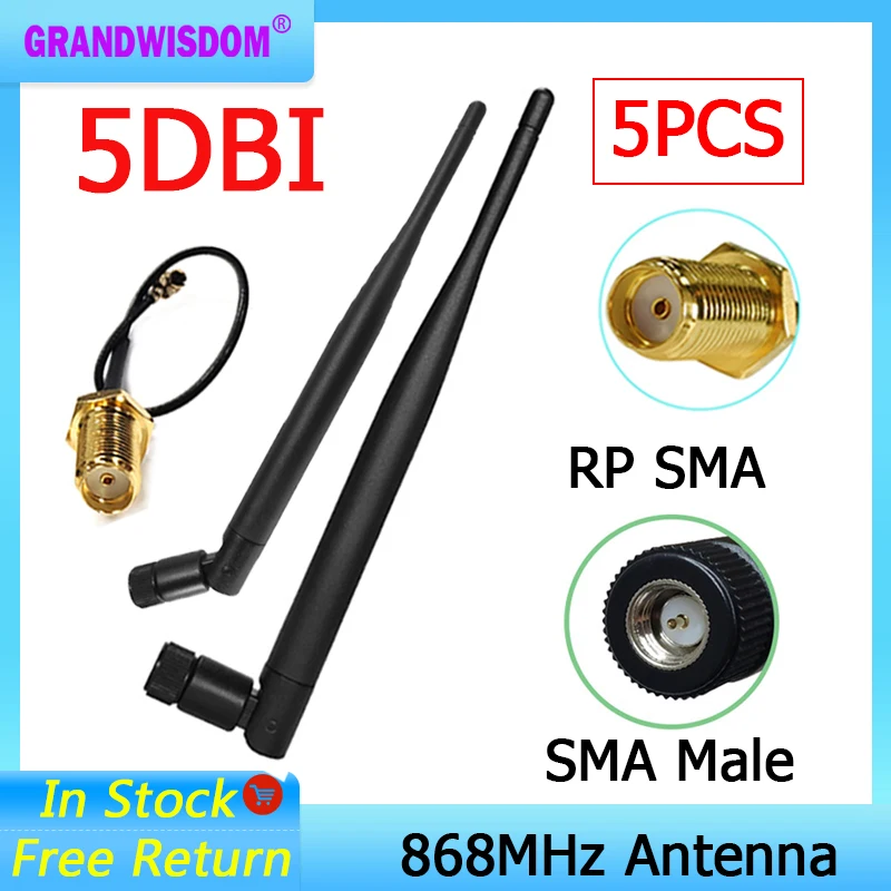 GRANDWISDOM 5pcs 868mhz antenna 5dbi sma male 915mhz lora antene module lorawan ipex 1 SMA female pigtail Extension Cable