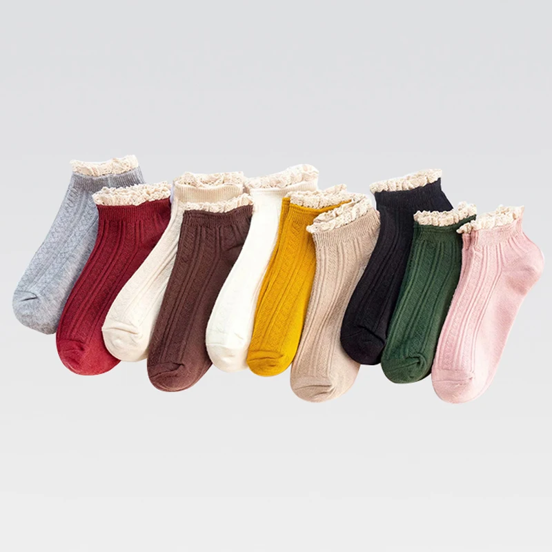 4Pairs Fashion Lace Ruffles Soft Cotton Women Socks Solid Color Spring Summer Cute Sweet Princess Girl Cozy Lovely Frilled Socks