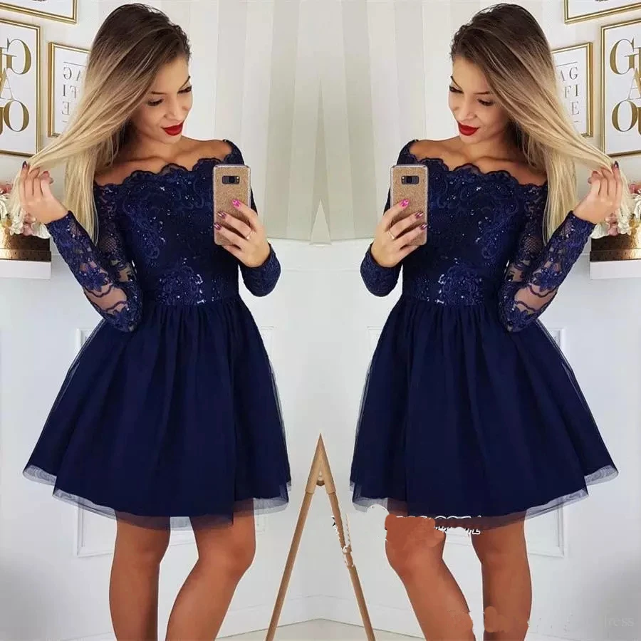 

Cheap Royal Blue Homecoming Dresses Long Sleeves Boat Neck Popular Junior Sexy Mini A-line Graduation Cocktail Party Gowns 2021