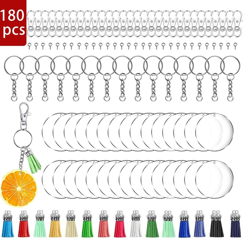 

180 Pcs Acrylic Keychain Blanks Tassel Set Including Key Rings with Chain Jump Rings Screw Eye Pins and Keychain Hooks