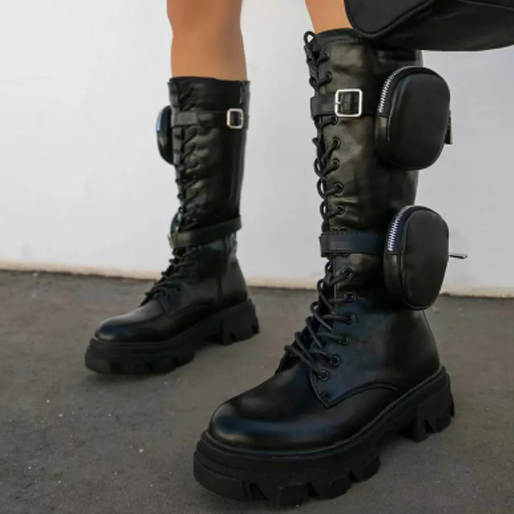 

BONJOMARISA New Brand Fashion Punk Cool Luxury Designer Platform Chunky Calf Boots Pocket Bags Lace Up Street Ladies Shoes