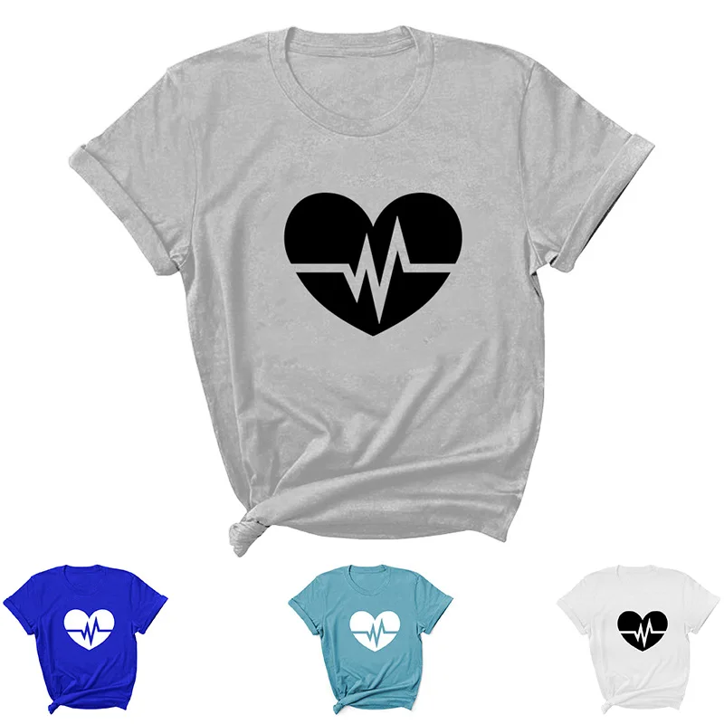 

Heartbeat Print Women T Shirt Short Sleeve O Neck Loose Women Tshirt Ladies Tee Shirt Tops Clothes Camisetas Mujer