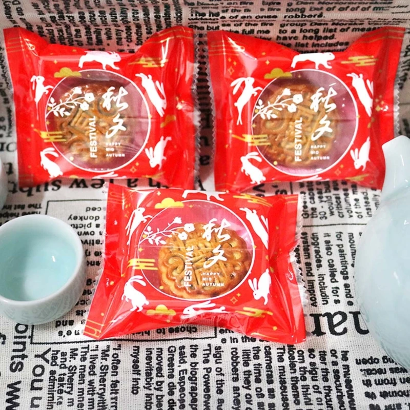 

100 Pcs Autumn Festival Moon Rabbit Pattern Moon Cake Bags Plastic Cookie Candy Bag Mid-Autumn Festival Mooncake Packaging