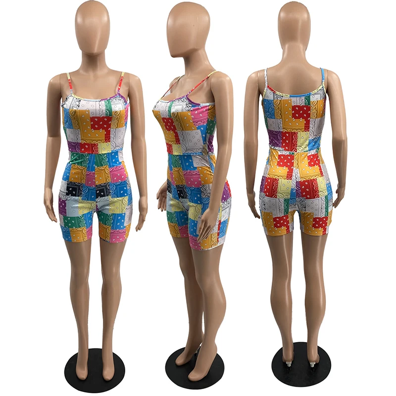 

HAOYUAN Sexy Bandana Spaghetti Strap Playsuit Backless Bodycon Shorts Rompers for Women Summer Vacation One Piece Club Outfits