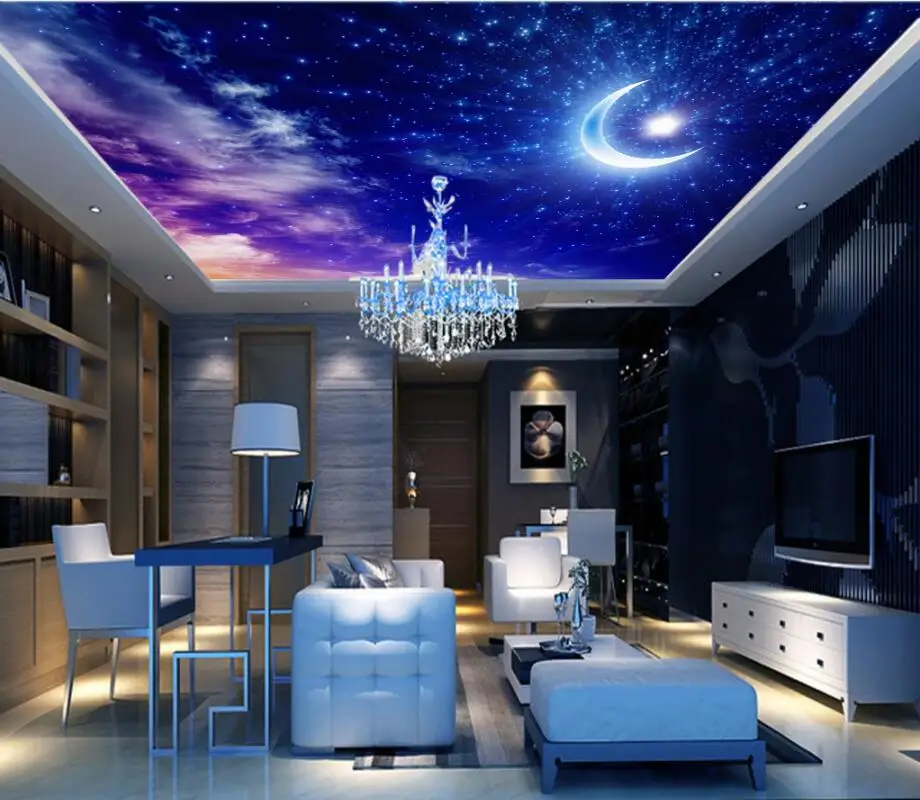 

3d ceiling murals wallpaper Beautiful dream starry sky moon white clouds living room zenith ceiling