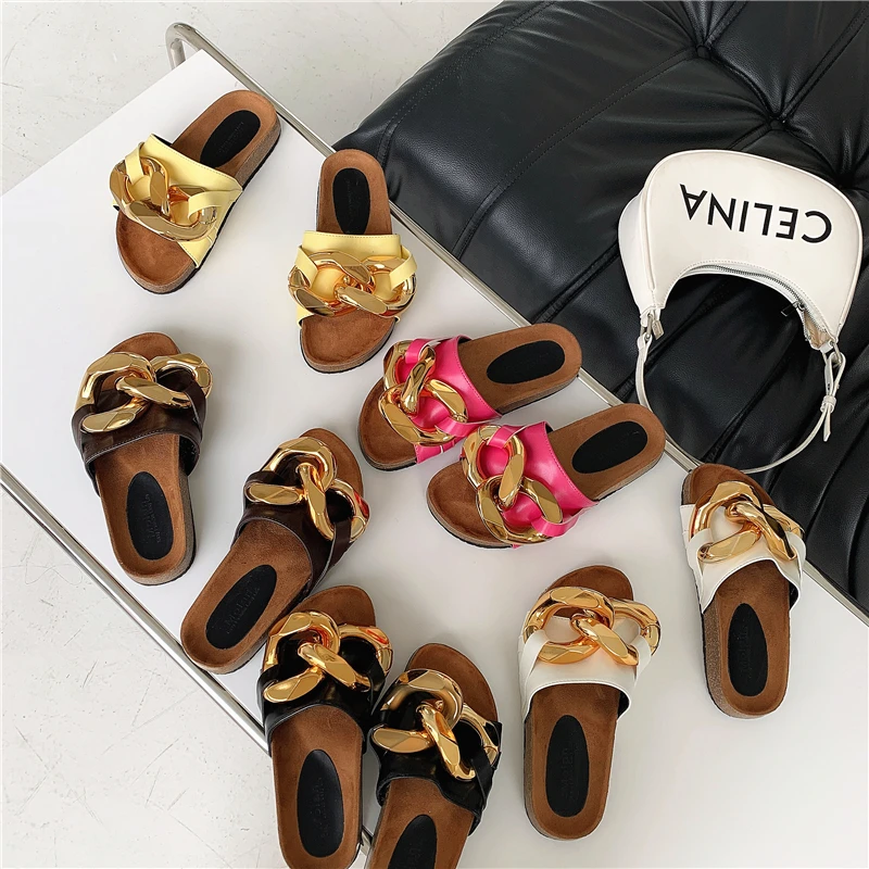 

Women Slippers Female Shoes Rubber Slippers For Home Flats 2021 Ladies Flip Flops Metal Decoration Design Slides Women Sandals