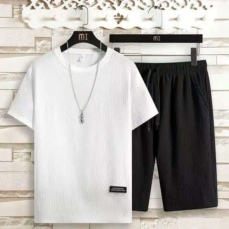 

Suit Summer Ice Silk XL Size Men's Clothing Leisure Sports Suit Short Sleeve T-shirt Men's Two-Piece Suit