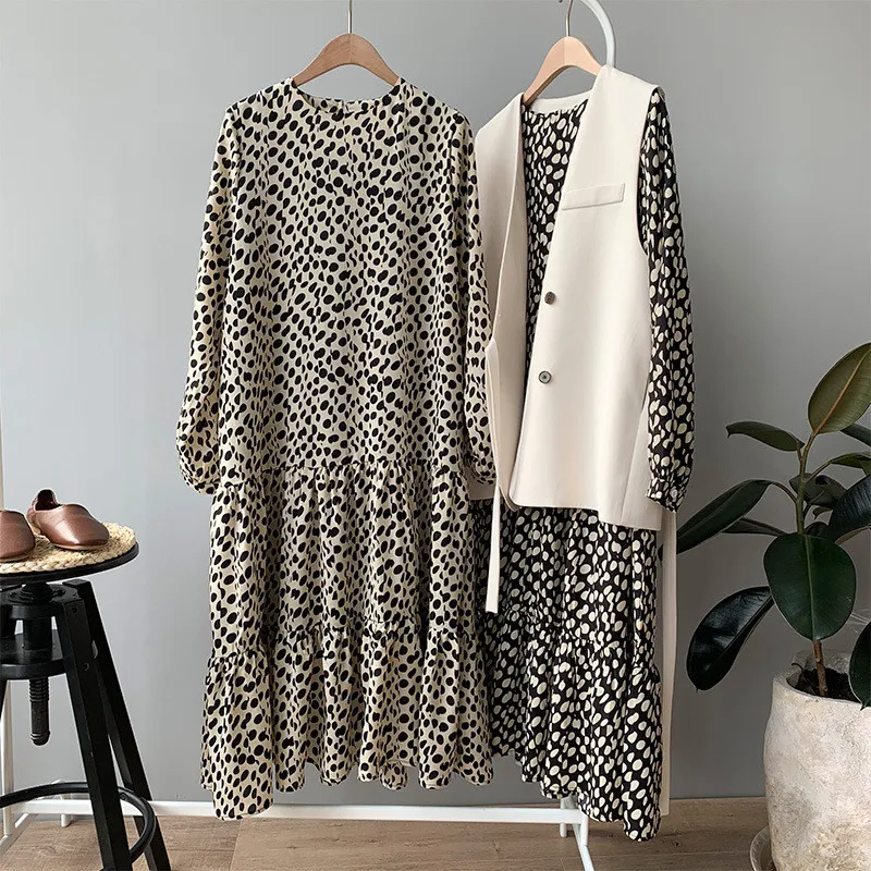 Осенние корейские шифоновые платья Vestidos, офисное винтажное Женское зимнее платье в горошек, платье миди с цветочным принтом и длинным рукавом, женское YX0265