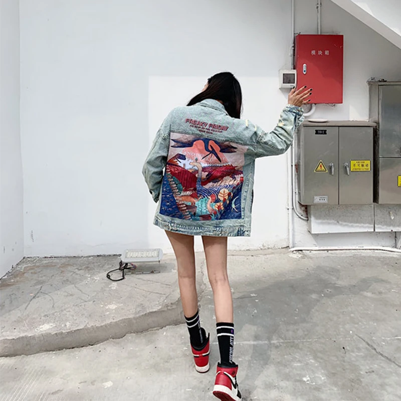 

Fashion back dinosaur patch couple denim jacket 2021 spring and autumn jacket denim veste femme