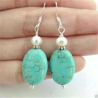 oval turquoise gemstone earrings shell pearl tibet silver ear drop dangle women charming flawless handmade earlobe gift for her