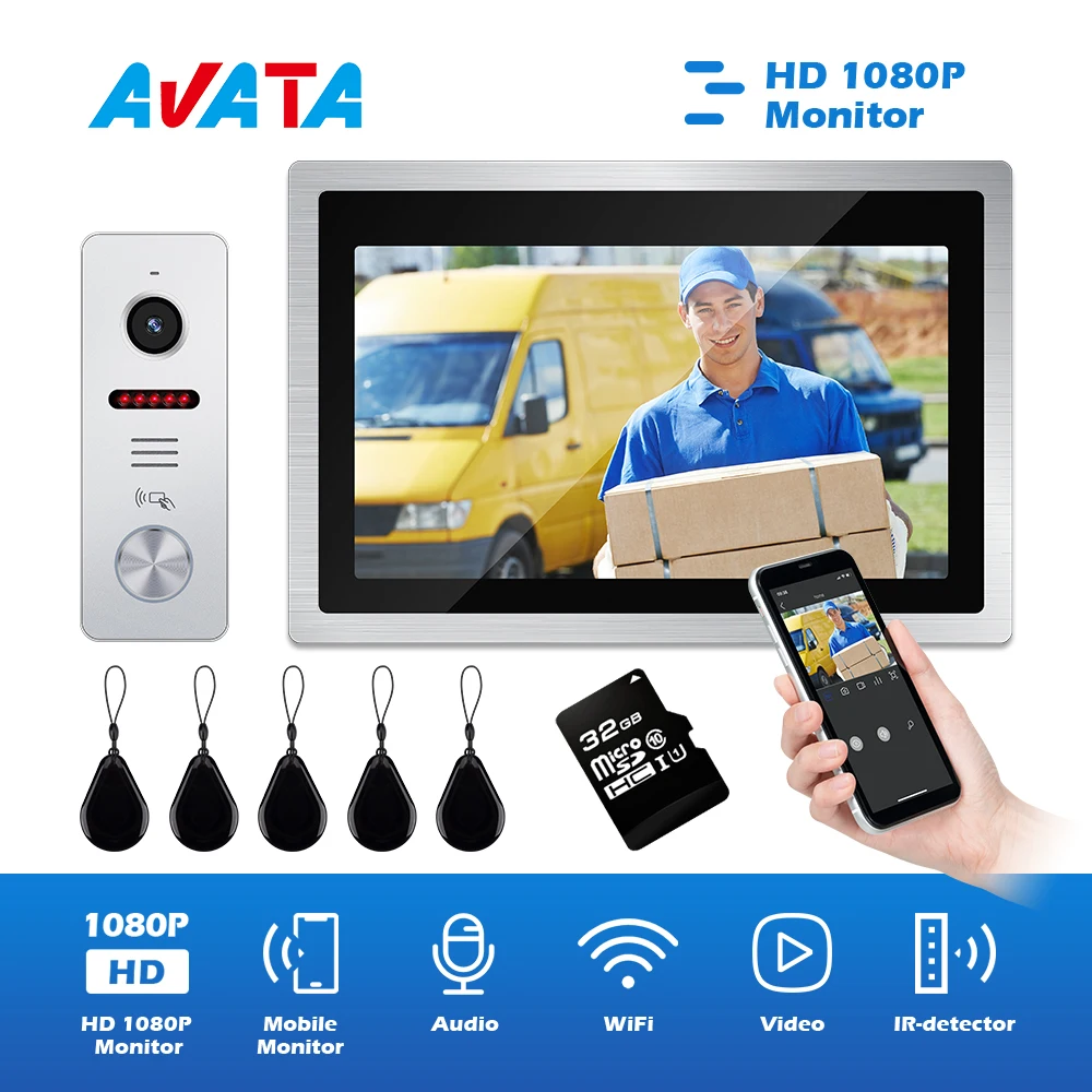 WiFi Video Intercom for Home 10 Inch Monitor IP Wireless Doorbell Peephole with Camera Intercoms for the Apartment Residential