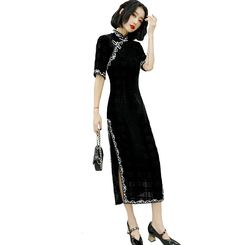 Sheng Coco черный бархат Cheongsam одежда с длинным рукавом женское традиционное