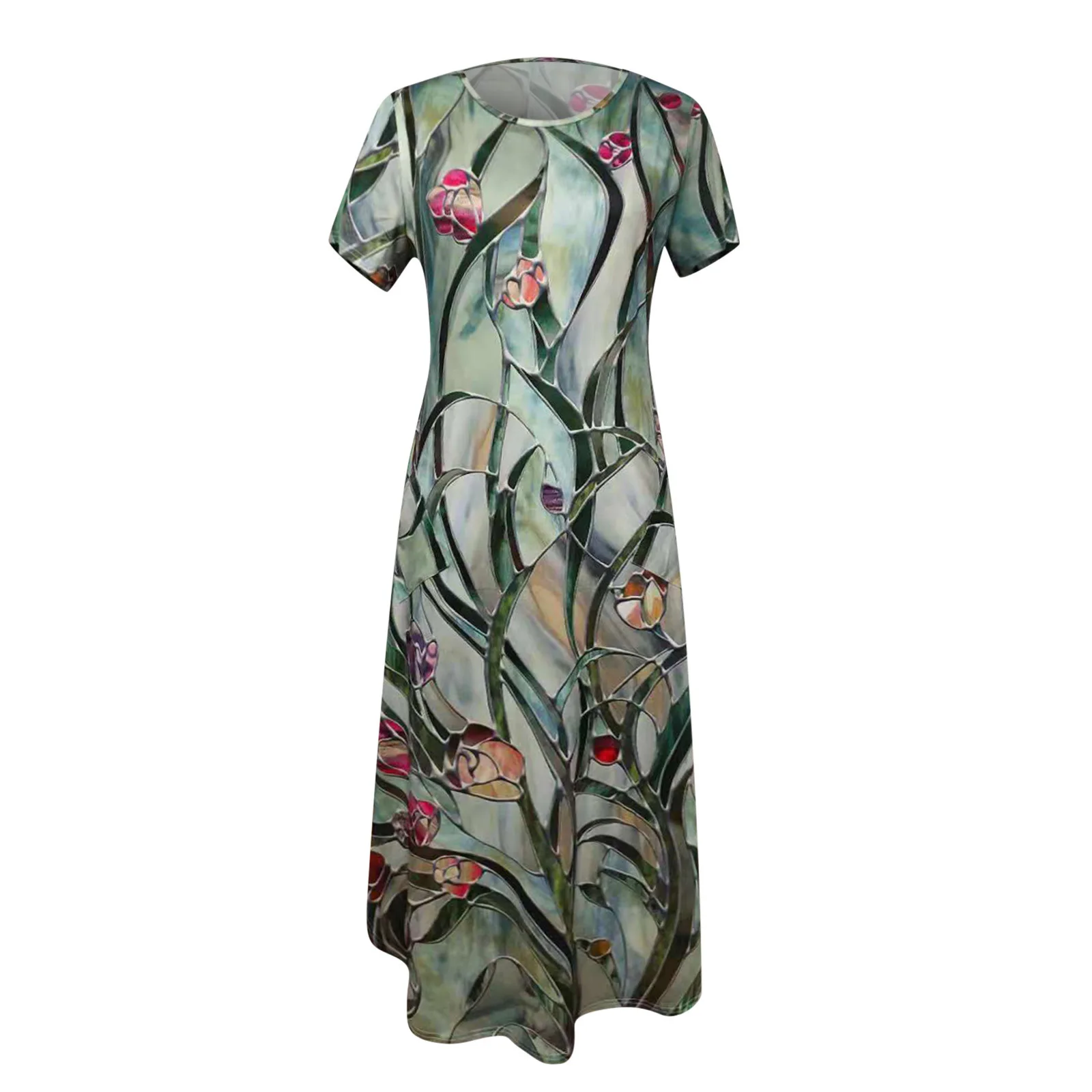 

Dresses For Women 2021 Summer Printed Slim Short Sleeve Split Mid-length Casual Dress Female Loose Party Dress